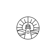 Lighthouse line logo design with sea and sun background