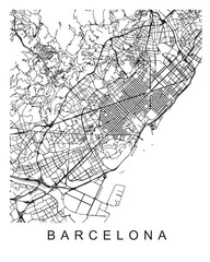 Outlined vector illustration of the map of Barcelona on the white background