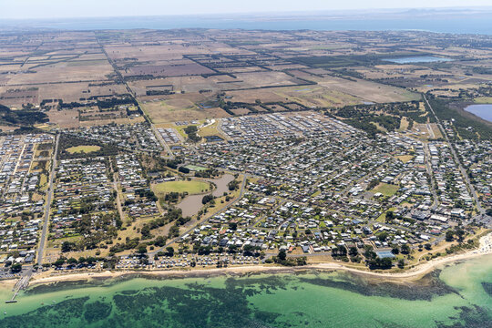Aerial view of Saint Leonard, a small town along Port Phillip bay, Victoria, Australia.