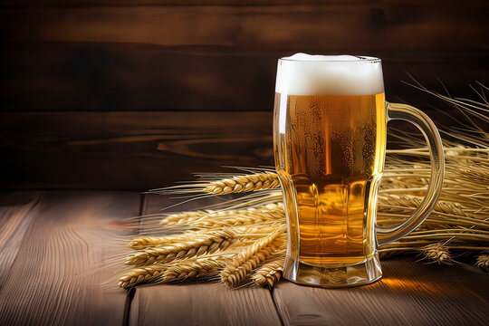 Wheat and beer on the wooden board. AI technology generated image
