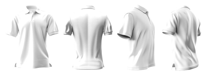 Set of white front, back and side view collar polo tee shirt on transparent background cutout, PNG file. Mockup template for artwork graphic design. 3D rendering	