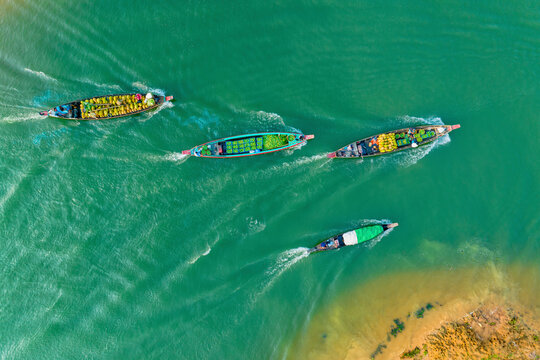 Aerial view of fruits on the boat in Kaptai Lake, Rangamati, Bangladesh.