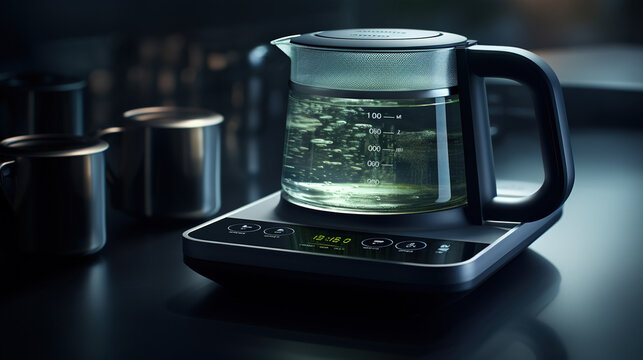 This inviting shot features an electric kettle with a temperature control panel, boiling water to the ideal temperature for brewing various teas.