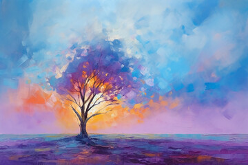 Tree in autumn at sunset time, oil painting style, Generative AI