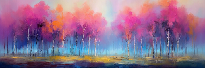 Oil painting of forest in autumn season. Pink and orange color tone. Generative AI.