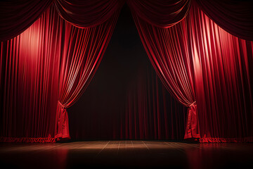 Red stage curtains. AI technology generated image