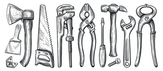 Set of tools for construction or repair work. Clamping pliers, hammer, screwdriver, hacksaw, wrench, plumbing key
