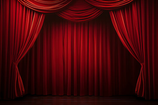 Red stage curtains. AI technology generated image