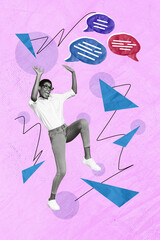 Vertical collage picture of impressed black white colors person hands protect plasticine dialogue...