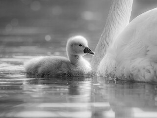 Grayscale shot of a cygnet and a swan gliding gracefully together in a tranquil lake - obrazy, fototapety, plakaty