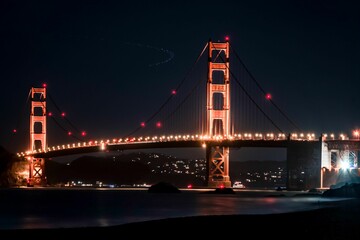 Iconic Golden Gate Bridge is illuminated by bright lights, creating a stunning nighttime landscape