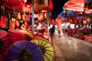 photograph of traditional Lao Umbrellas on the night market in Luang Prabang.