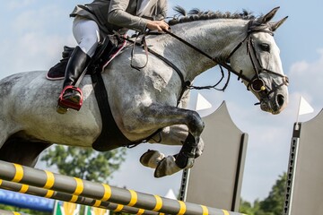 equestrian sports themed photograph horse jumping over an obstacle