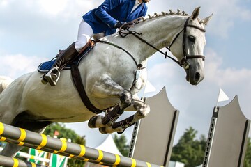 equestrian sports themed photograph horse jumping over an obstacle