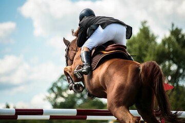 Rear view of an equestrian on a jumping horse at a show jumping event - obrazy, fototapety, plakaty