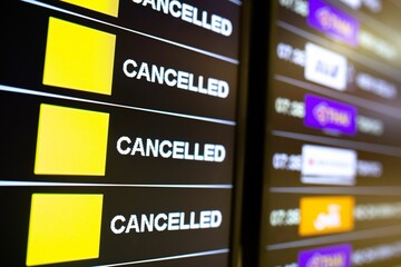 Obraz premium Digital timetable board at the airport, bus terminal with connection being cancelled