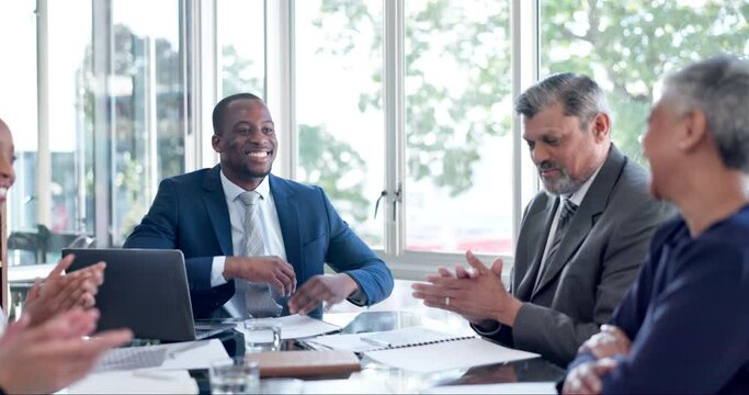 Black man, handshake and business people in celebration of success, collaboration or b2b agreement or onboarding. Shaking hands, applause and diversity in meeting, company or corporate commitment