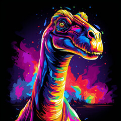 A funky Brachiosaurus, with a neon-infused silhouette and a retro-inspired shirt design inspired by the disco era