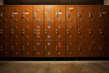 Generative ai collage of row brown lockers in sport fitness club school gymnasium dressing room