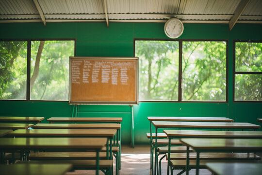 Generative Ai Picture Collage Of Empty Classroom With School Table Chair Black Board For Teaching Students