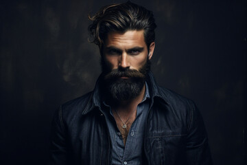 Obraz premium Generative ai collage of brutal man guy look in camera on black color background