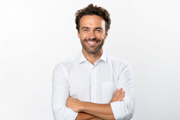 Generative ai collage of worker man standing look in camera with crossed hands over white background