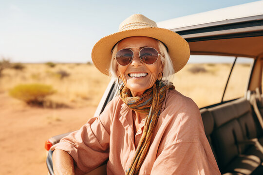 Generative AI picture cheerful aged traveler woman smiling while traveling in car on desert sand car trip