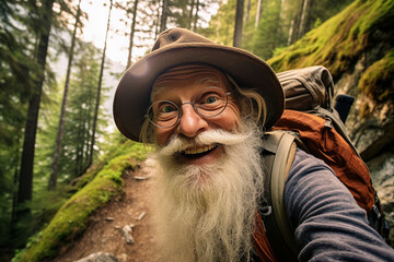 Generative AI picture image of senior excited funny grandpa wanderer in tourist gear enjoying...