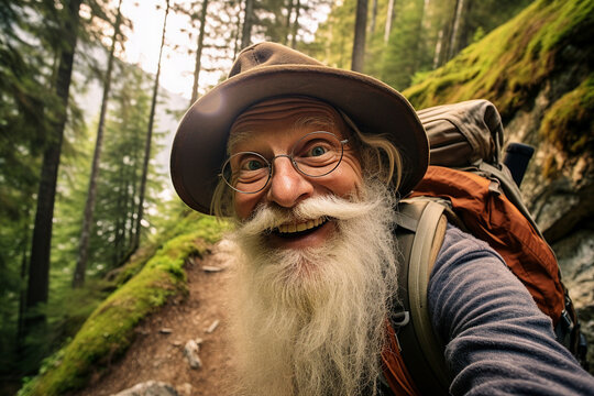 Generative AI picture image of senior excited funny grandpa wanderer in tourist gear enjoying forest hiking shooting selfies