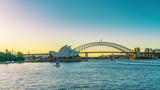 Timelapse video of a scenic Sydney Harbour Bridge during sunset, Australia