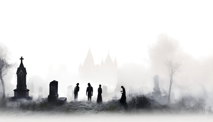 Ghostly figures in a misty cemetery, giving an eerie presence - Halloween misty cemetery, ethereal apparitions, ghostly figures, spectral forms, Halloween Concept - obrazy, fototapety, plakaty