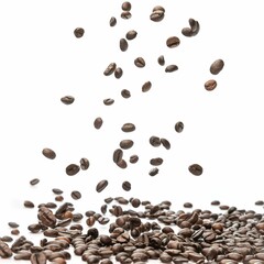Roasted falling coffee beans on white background