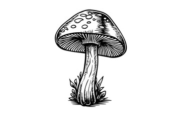 Fly agaric or amanita mushrooms group growing in grass engraving style. Vector illustration.