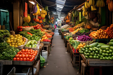 Fototapeta na wymiar Fruits and vegetables in agricultural markets. AI technology generated image