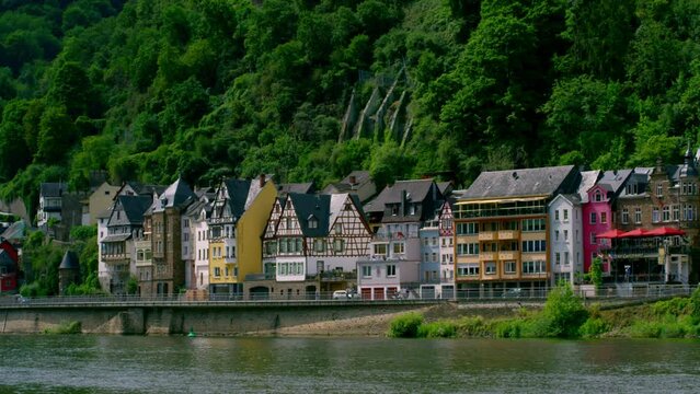 Old town with the Imperial Castle on the Moselle, beautiful medieval Cochem town with half-timbered houses and vineyards. Cochem, Rhineland-Palatinate, Germany, Europe, July 2019