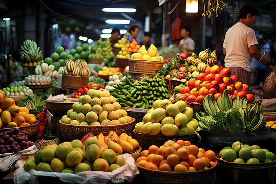 Fruits and vegetables in agricultural markets. AI technology generated image