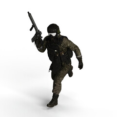3D rendering of a military soldier sprinting while carrying a rifle
