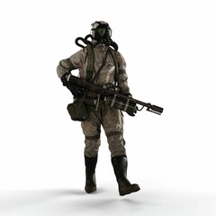 a 3d man with a weapon and gas mask standing against a white background