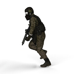 3D rendering of a military soldier sprinting while carrying a rifle