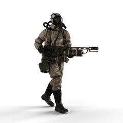 a 3d man with a weapon and gas mask standing against a white background
