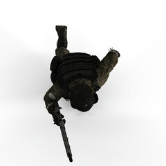 3D rendering of military personnel running in full gear, holding an assault rifle in a hand