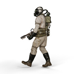 a 3d man with a weapon and gas mask standing against a white background