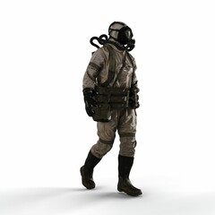 A 3d rendering of a person wearing a gas suit walking on a white background