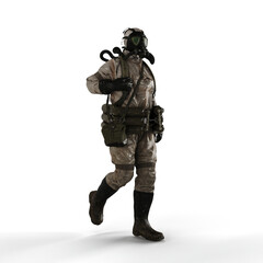 A 3d rendering of a person wearing a gas suit walking on a white background