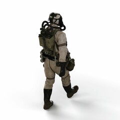 Fototapeta premium A 3d rendering of a person wearing a gas suit walking on a white background