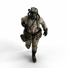 A 3d rendering of a person wearing a gas suit walking on a white background