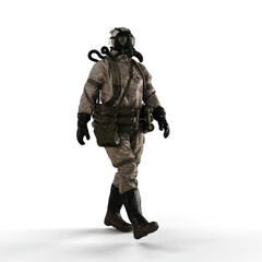 A 3d rendering of a person wearing a gas suit walking on a white background