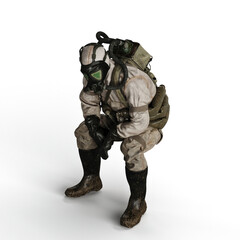 A 3d rendering of a person wearing a gas mask sitting on a white background