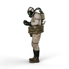 A 3d rendering of a person wearing a gas suit on a white background