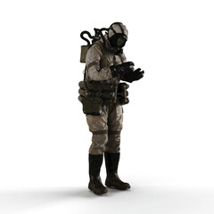 Rendering of a man in a gas mask holding an object in his hands